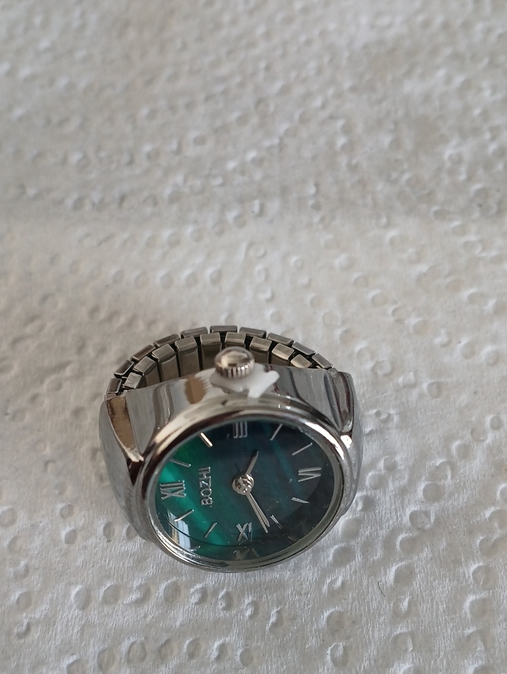 Silver Ring Watch with Teal Mother-of-Pearl Dial
